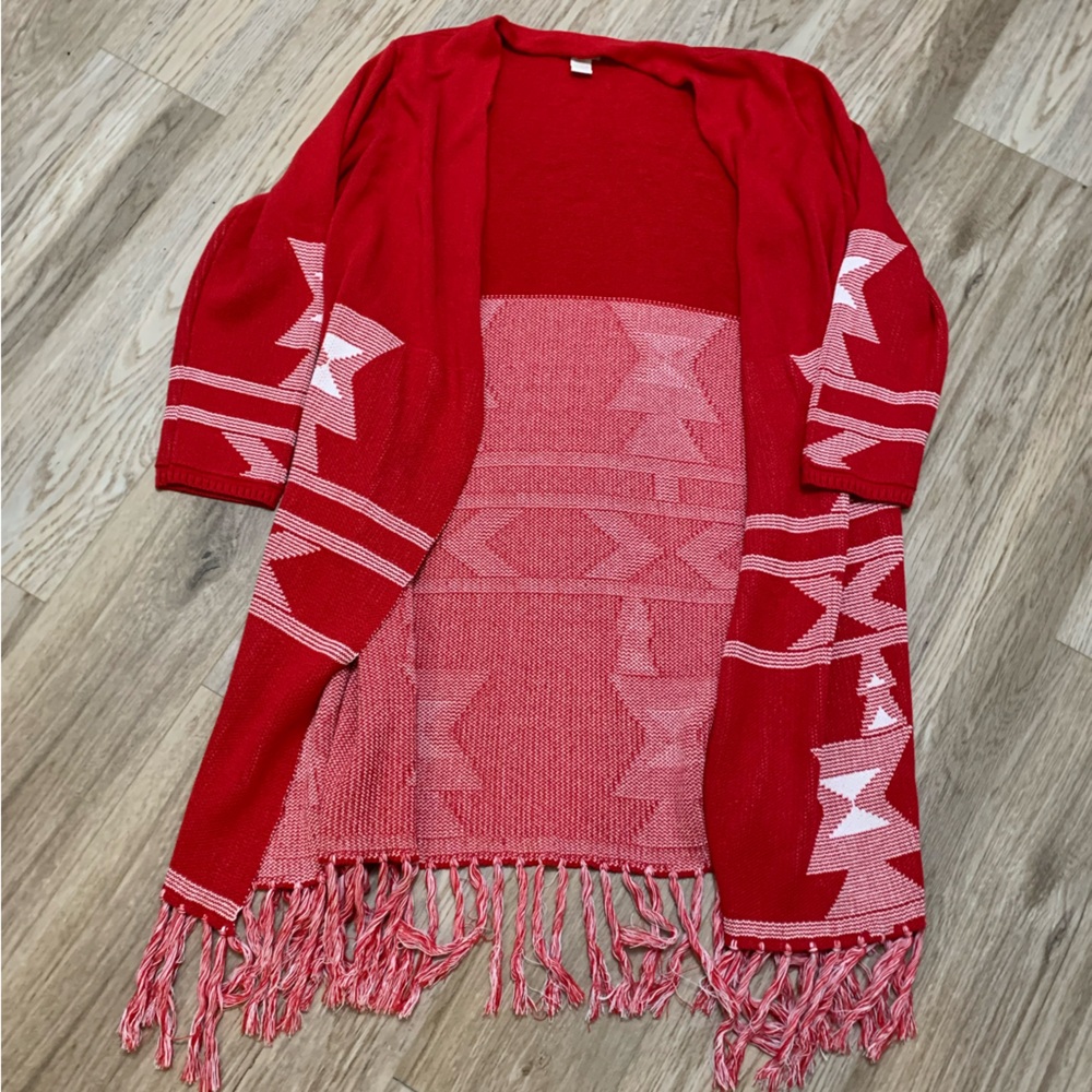 Aztec Long Duster Fringe Cardigan Country Oversized XL Cozy Blanket Style